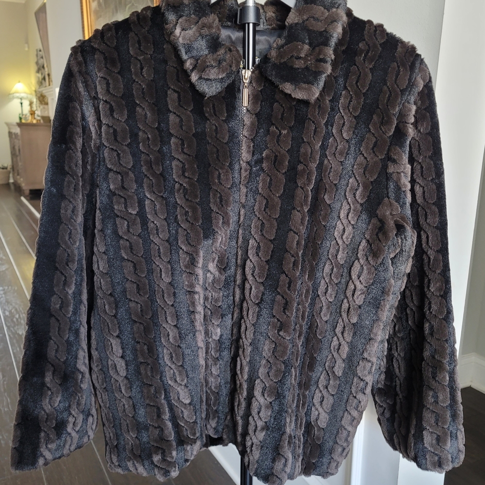 "Not FUR Real" Faux Fur Jacket By Duffel Cable Design in Black and Brown